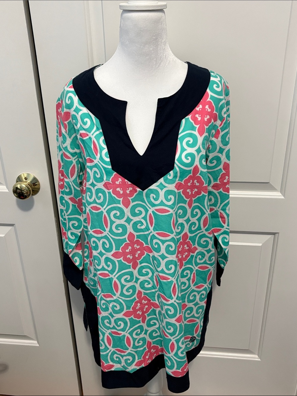 Simply Southern Teal and Pink Patterned Tunic with Navy Trim
